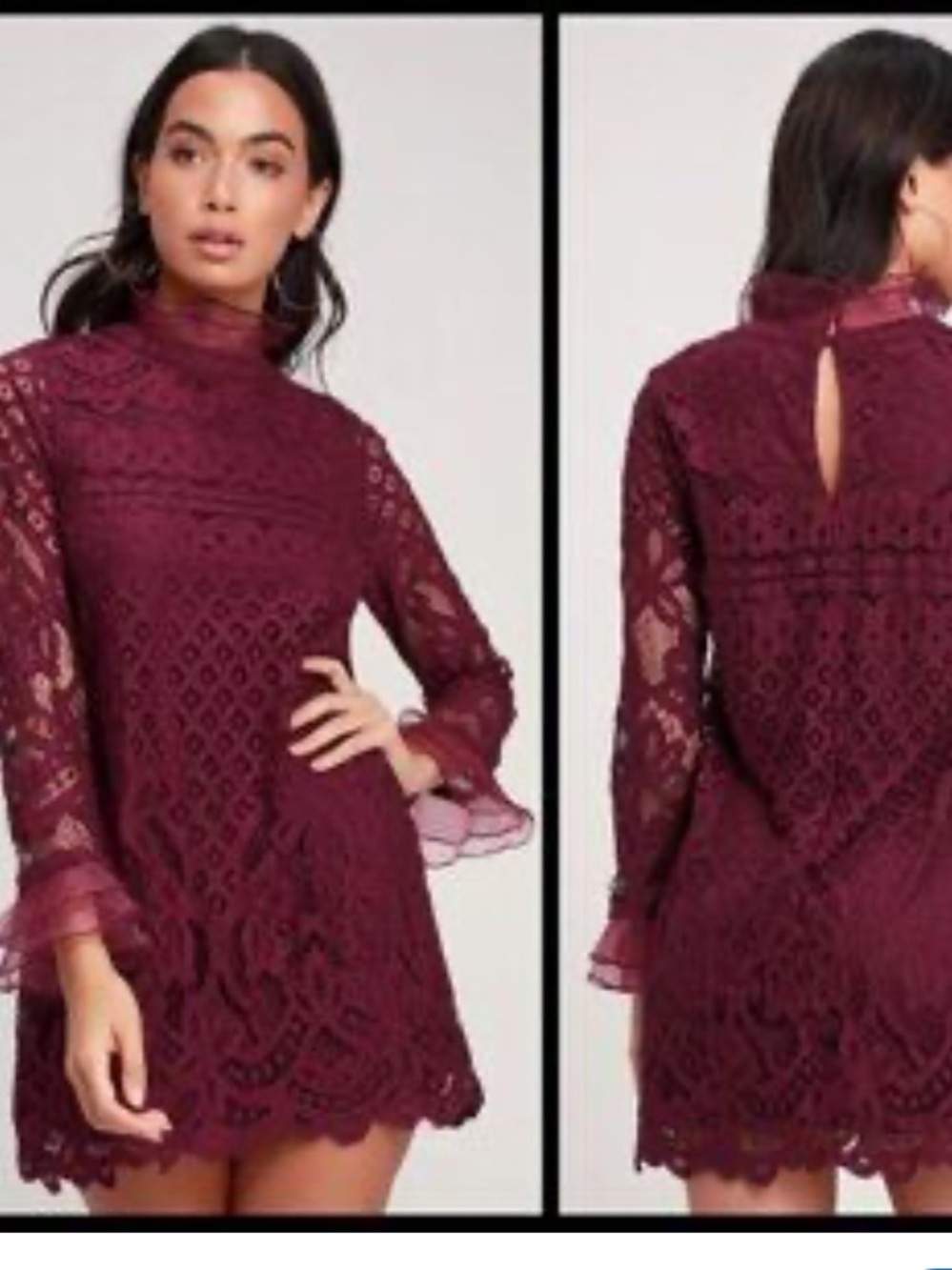 Lulu’s NWT Burgundy Lace Long Sleeve High Neck Ruffle Mini Dress XS